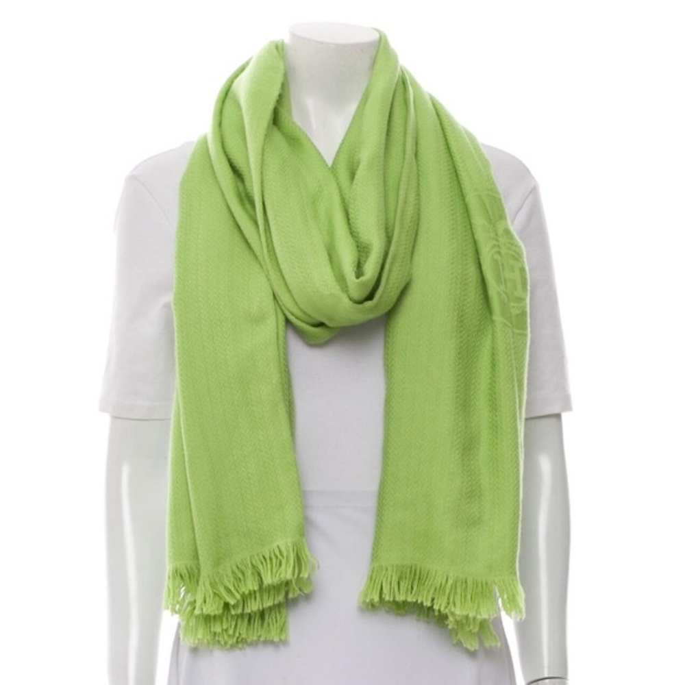 Hermès Ex Libris Lime Green Herringbone Cashmere and Silk 140cm Stole
